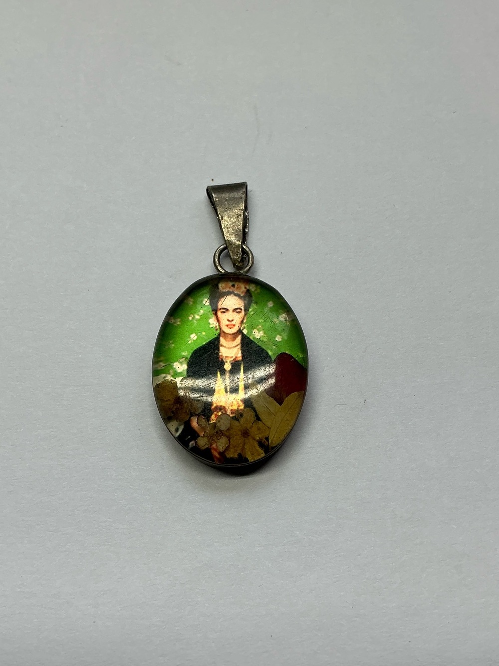 Sterling Silver Green Floral Art Pendant Necklace - Frida-Inspired Oval Charm